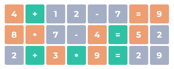 Colored hints in Nerdle showing guess feedback